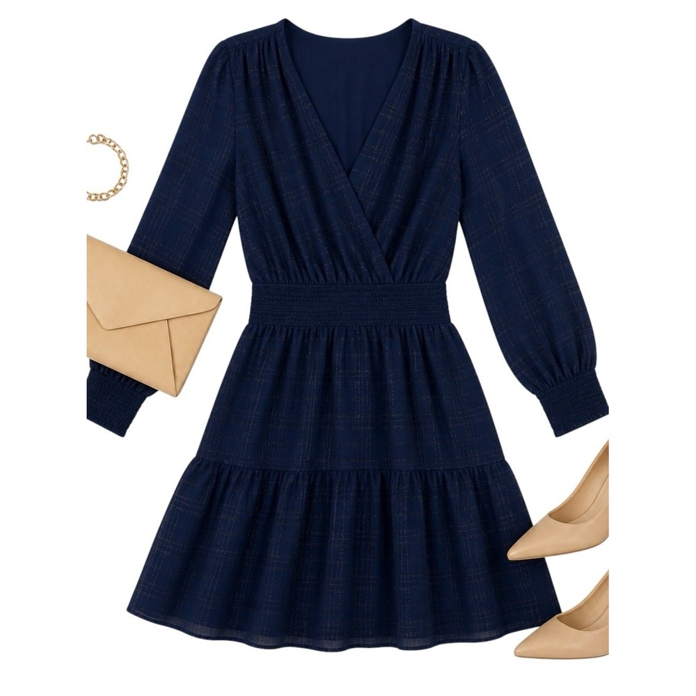 Michael Kors Navy Metallic Plaid Faux Wrap Long Sleeve Dress Womens L EUC